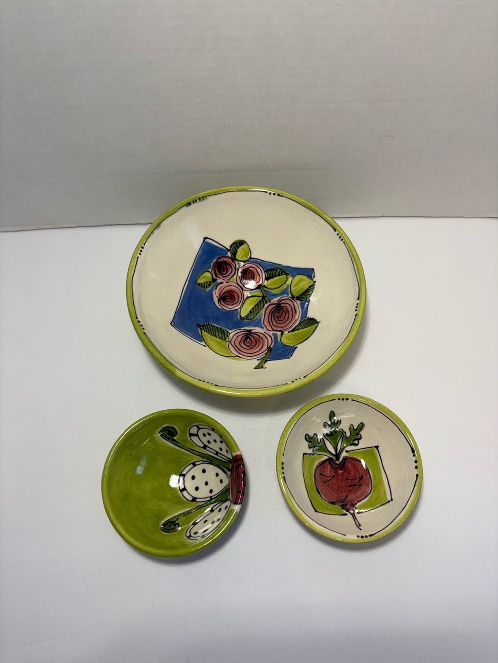 Serving Bowls Artist Signed Colorful Hand Painted Set Of 3 Ceramic Floral